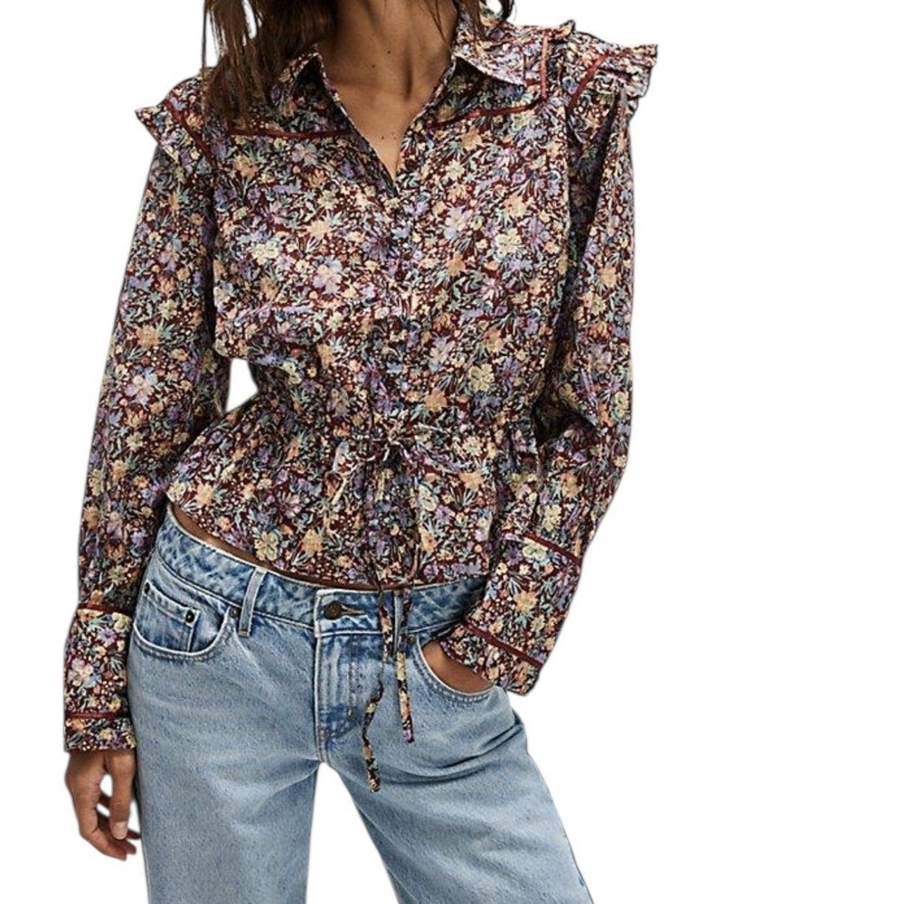 Free People Top Women's XL Floral Ruffle Trim Boho Cottagecore Bohemian New
